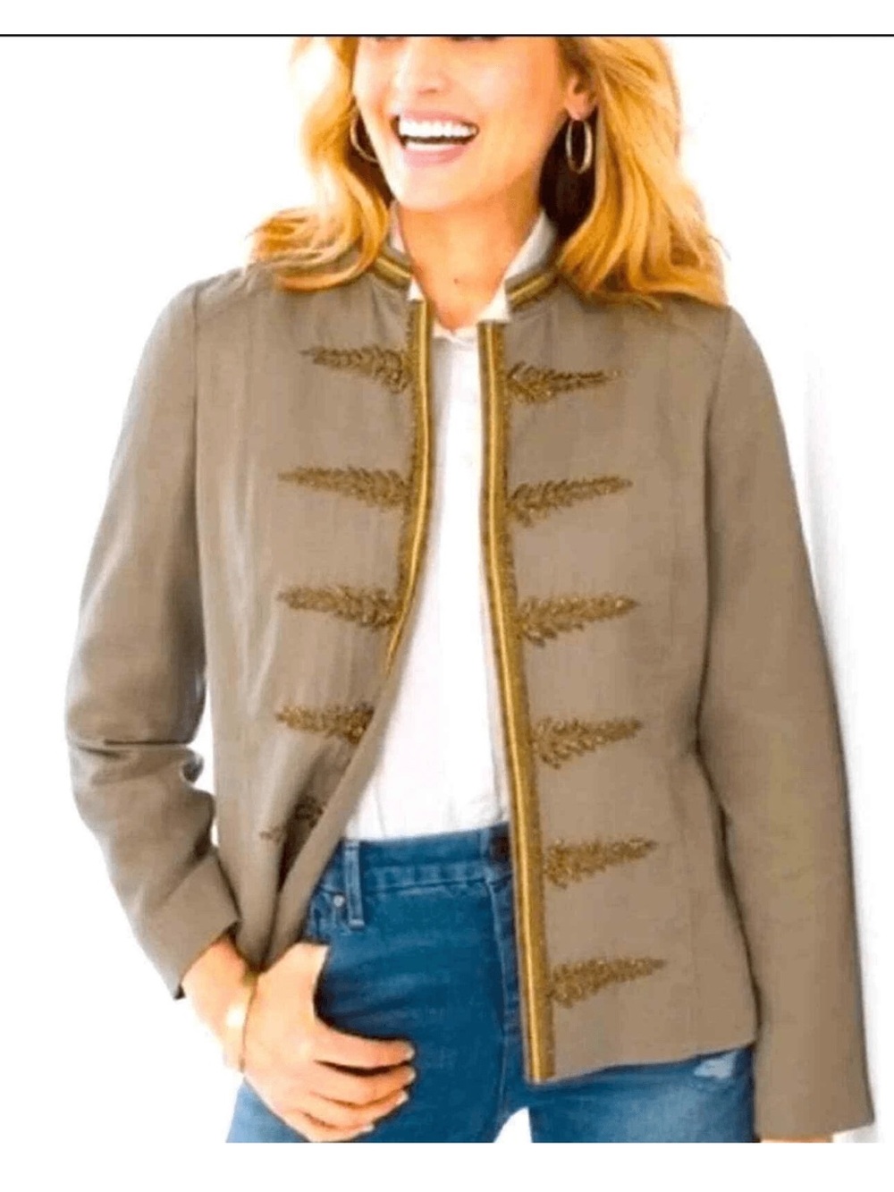 Chico’s Beaded Military Jacket Size XL Green Brown Embellished Long Sleeve New